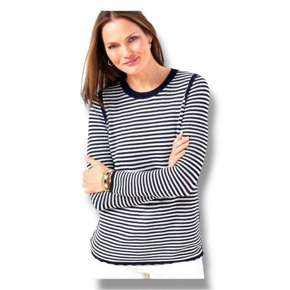 TALBOTS CREWNECK SWEATER - SCALLOP STRIPE Navy Women’s L - Picture 1 of 15